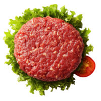 Fresh raw burger patty on a bed of crisp lettuce with a slice of tomato on a Transparent background, raw hamburger meat isolated on white, background png