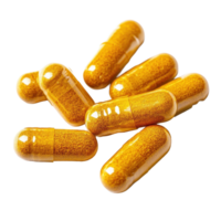 Turmeric capsules isolated on a clean Transparent background highlighting their vibrant color and natural health benefits, Turmeric Capsules Isolated on background png
