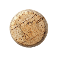 Cork from a bottle of champagne resting on a white surface with a rustic texture and natural finish, Wine or classic Champagne wooden Cork Transparent background png