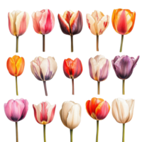 Blooming tulip heads in various colors create a vibrant floral display against a white background, blooming tulip heads, various colors, isolated on white background png
