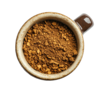 Instant coffee granules in a ceramic cup on a white background showcasing rich texture and color, instant coffee on white background png