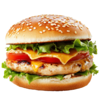 Juicy chicken hamburger with melted cheese, fresh lettuce, and ripe tomatoes on a sesame seed bun, Hamburger with chicken and cheese isolated on white background png