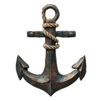 Heavy metallic anchor with rope displayed against a textured, weathered backdrop in a coastal setting, Heavy metallic anchor with rope png