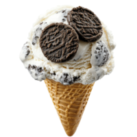 Cookies and cream ice cream cone topped with cookie pieces against a Transparent background, Cookies and cream ice cream cone isolated on background png