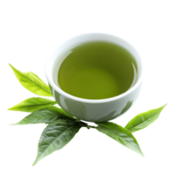 Refreshing green tea served with fresh leaves on a clean white background, green teaisolated on white background png