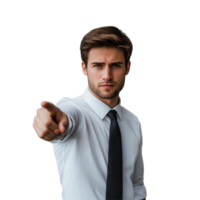 Business man in white shirt and black tie points confidently in an office setting during daylight hours, simple white business man with black tie pointing with finger png
