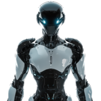 Futuristic robot with glowing eyes and arms standing in a bright, sleek environment, robot with glowing eyes and arms in a futuristic space, Transparent background png
