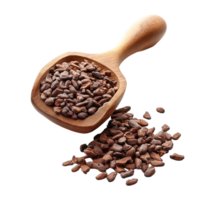 Cocoa seeds in a wooden scoop on a Transparent background highlighting natural ingredients for culinary use, Cocoa and seeds in wood scoop isolated on background png