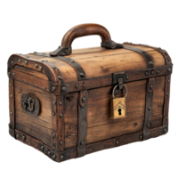 Old wooden trunk with lock and foot sign suggesting storage or treasure location, wooden trunk with a lock and a sign that says foot Transparent background png