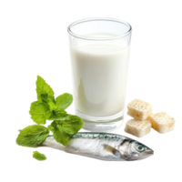 Milk, mint leaves, fish, and sugar cubes displayed on a white background for healthy eating options, glass milk mint and fish oilisolated on white background png