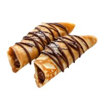 Chocolate drizzled filled crepes on a white background showcasing delicious dessert appeal, Chocolate drizzled, filled crepes isolated on white background png
