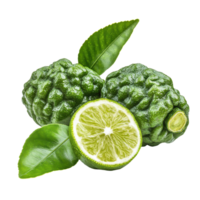 Fresh bergamot fruit with green leaves and a cut lime showcasing its bright inside, fresh bergamot or Thai lime fruit with leaf isolated on white background png