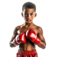 fuerte joven chico Boxer en rojo guantes y pantalones cortos soportes con confianza en un aislado configuración, joven chico Boxer en rojo guantes y pantalones cortos aislado en transparente antecedentes png
