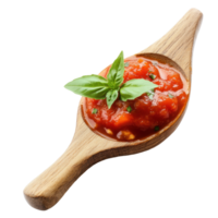 Spoon with vibrant tomato sauce garnished with fresh basil on a clean Transparent background, Wooden Spoon with Tomato Sauce on background png