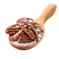 Pecan nuts topped with light salt in wooden spoon on Transparent background, Pecan nuts topped with light salt in wood spoon isolated on background png