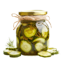 Freshly pickled cucumbers in a mason jar with slices arranged on a Transparent background, Pickled cucumber in a jar isolated on background png