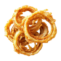 Fried onion rings stacked on a white background displaying crispy texture and golden color, Fried Onion Ringsisolated on white background png