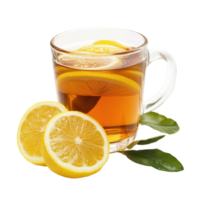 Refreshing lemon tea served in a glass with lemon slices and green leaves on a clean white background, glass of lemon tea isolated on white background png