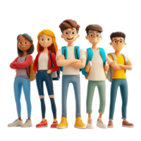 Group of cartoon students with backpacks standing together on a bright white background, Group 3D cartoon student on white background png
