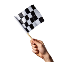 Hand holding a checkered flag symbolizing racing, sports event, and celebration in isolated background, hand holding a checkered flag isolated on white background png