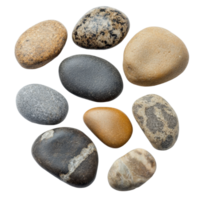 Natural pebbles arranged on a Transparent background showcasing diverse shapes and colors, Pebbles isolated on background png