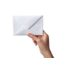 Holding a white envelope above a clean white surface with gentle light illuminating it, Hand Holding a White Envelope on white background Delivery mail concept, white background png