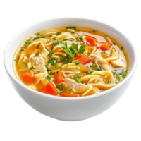 Comforting chicken noodle soup served in a white bowl against a plain white background, Chicken noodle soup isolated on white background png