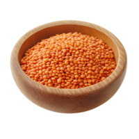 Red lentils in a wooden bowl displayed on a Transparent background for culinary purposes, red lentils in wood bowl on background png