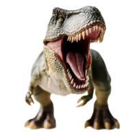 Toy dinosaur roaring loudly on a bright Transparent background showcasing its fierce features and vibrant colors, Toy Dinosaur Roaring On a background png