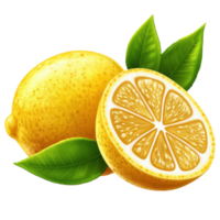 Fresh ripe lemon fruit with bright green leaves and a juicy half isolated on a Transparent background, ripe lemon fruit with leaves and half isolated, Fresh and Juicy Lemon, isolated on background png