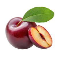 Fresh red cherry plum with a green leaf and a sliced piece isolated on white background, half red cherry plum with leaf isolated on white background png