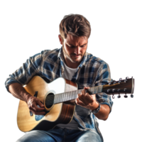 Man plays acoustic guitar against a Transparent background in a casual and relaxed setting, Man playing an acoustic guitar, background png