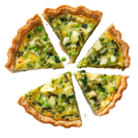 Leek quiche slices arranged on Transparent background showcasing fresh ingredients and vibrant colors, Leek Quiche Slices on background png