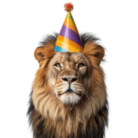 Lion wearing a vibrant party hat celebrates in a playful setting with a bright Transparent background, Lion with Vibrant Party Hat on background png