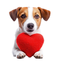 Cute dog holding a red heart against a Transparent background, perfect for spreading love and joy, cute dog with heart isolated png
