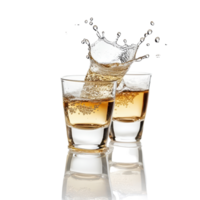 Glasses clink together in celebration with tequila splash during festive moment, Glasses shot tequila making toast with splash isolated on trasparent or isolated on white background png