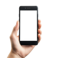 Blank smartphone screen held in hand against a white background in a minimalistic setting, hand holding smartphone screen blank mobile on white background png