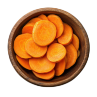Carrot slices arranged in a wooden bowl on a clean white background highlighting fresh produce presentation, carrot slices in wood bowlisolated on white background png