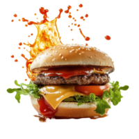 Juicy hamburger overflowing with sauce and a splash of liquid goodness, hamburger with a lot sauce and a splash liquid, white background png