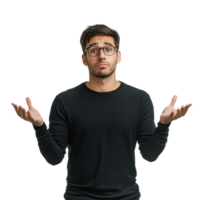 Man shrugging in casual attire against a simple Transparent background expressing uncertainty or confusion, Portrait a Man Shrugging, background png