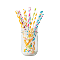 Colorful paper straws in a jar ready for a festive gathering on a Transparent background, Colorful paper straw in jar ready for party on background png