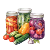 Summer harvest vegetables preserved in home canning jars on a white background, Home Canning Jars Summer Harvest Vegetable on White Backgroun png