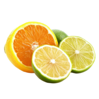 Fresh citrus fruits including orange, lemon, lime, and bergamot on a bright Transparent background, orange lemon lime bergamot isolated on background png
