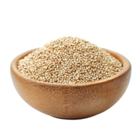 Quinoa grain in a wooden bowl showcasing its nutritional richness against a Transparent background, Quinoa grain in wood bowl isolated on background png