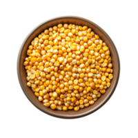Fresh yellow corn seeds arranged neatly in a brown plate isolated on a clean Transparent background, corn seeds in a plateisolated on background png