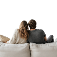 Couple enjoying a cozy moment together on a couch in a simple and bright setting, Couple sitting on couch, back view,isolated on white png