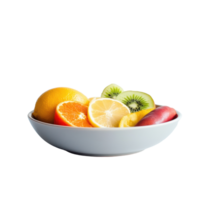 Freshly sliced fruit arranged in a bowl on a clean white surface for a healthy snack, bowl sliced fruit sitting on a white surface png