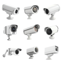 Security cameras positioned at various angles on a white surface for monitoring and surveillance purposes, Security Cameras in Different Angles on Transparent background png