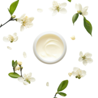 Natural cream skincare jar surrounded by delicate white flowers on a smooth Transparent background, Natural Cream Skincare Jar, background png