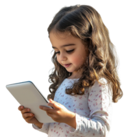 Young girl engaging with a tablet, exploring digital content with curiosity in a bright environment, kid girl using tablet, file of isolated object with shadow on White background png